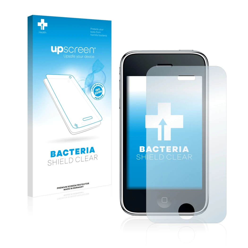Parte frontal de un envase de producto con el logotipo de la marca upscreen. Al lado se muestra el dispositivo Apple iPhone 3G