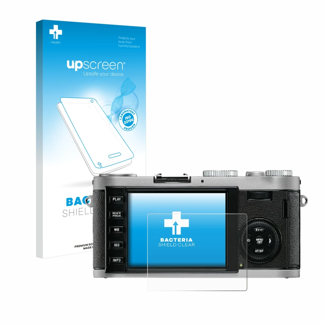 Parte frontal de un envase de producto con el logotipo de la marca upscreen. Al lado se muestra el dispositivo Leica X1 con su