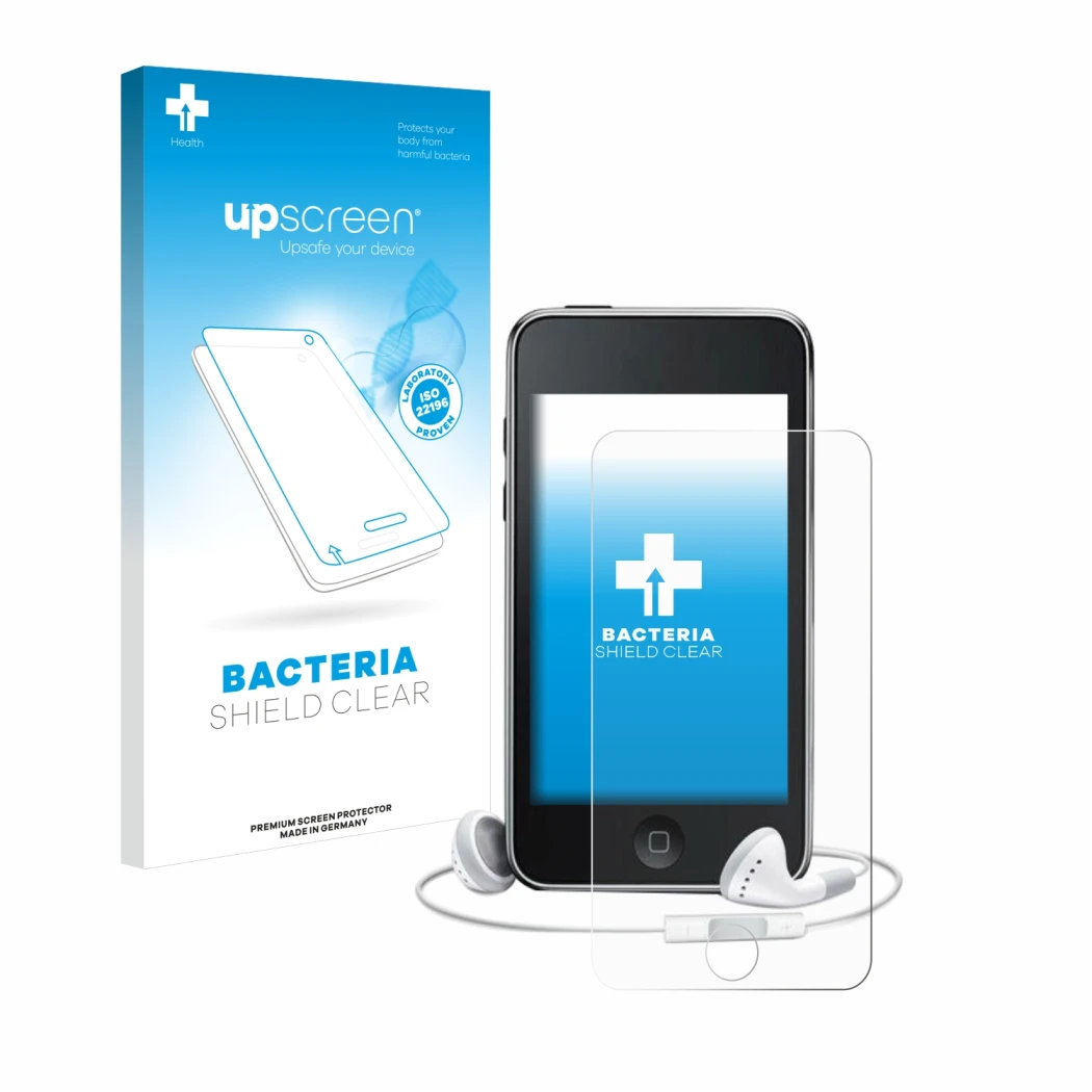 Parte frontal de un envase de producto con el logotipo de la marca upscreen. Al lado se muestra el dispositivo Apple iPod Touc