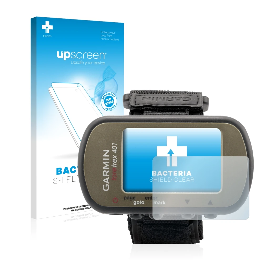 Parte frontal de un envase de producto con el logotipo de la marca upscreen. Al lado se muestra el dispositivo Garmin Foretrex