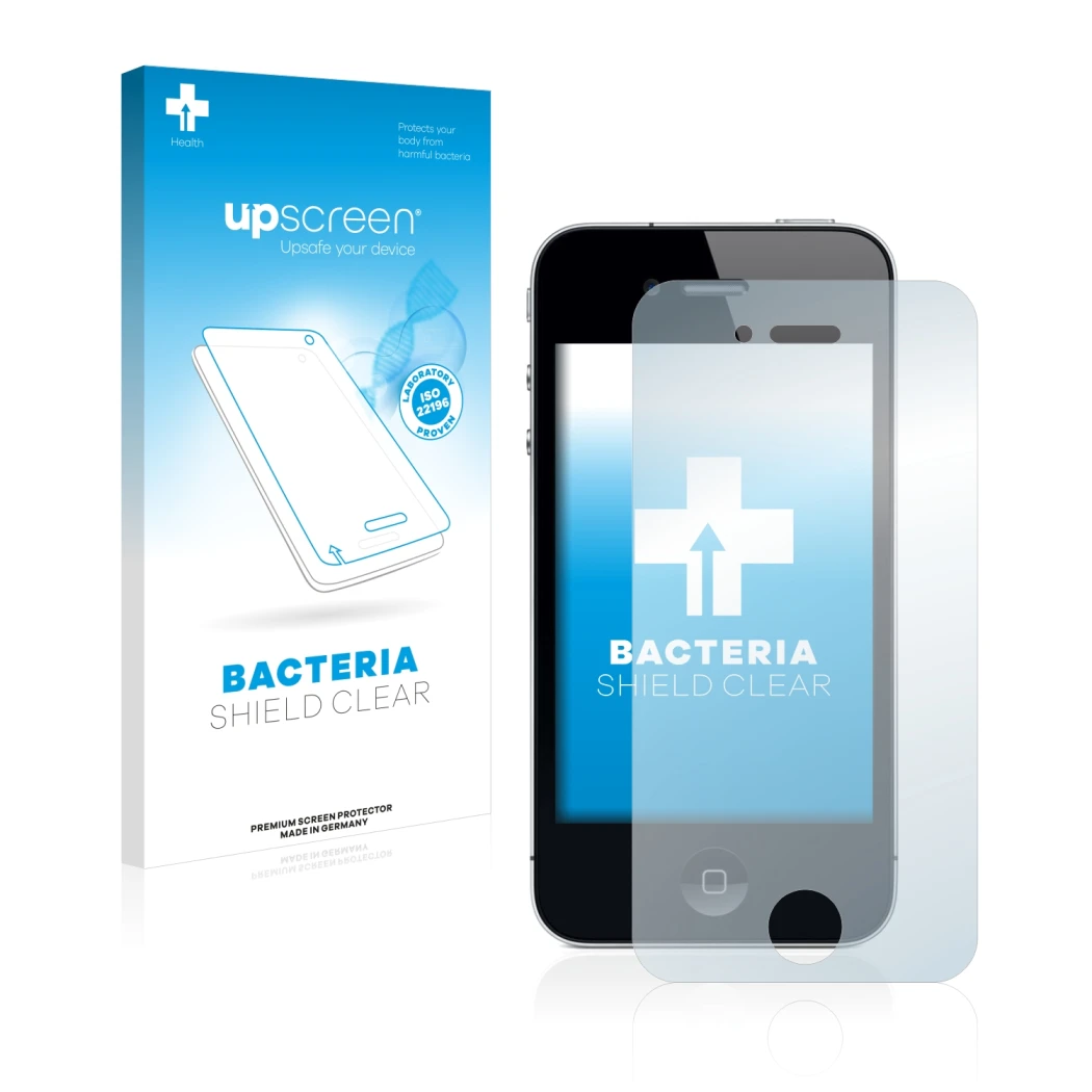 Parte frontal de un envase de producto con el logotipo de la marca upscreen. Al lado se muestra el dispositivo Apple iPhone 4