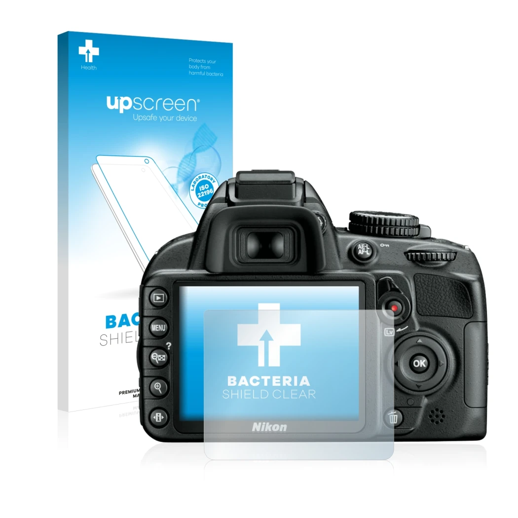 Parte frontal de un envase de producto con el logotipo de la marca upscreen. Al lado se muestra el dispositivo Nikon D3100 con