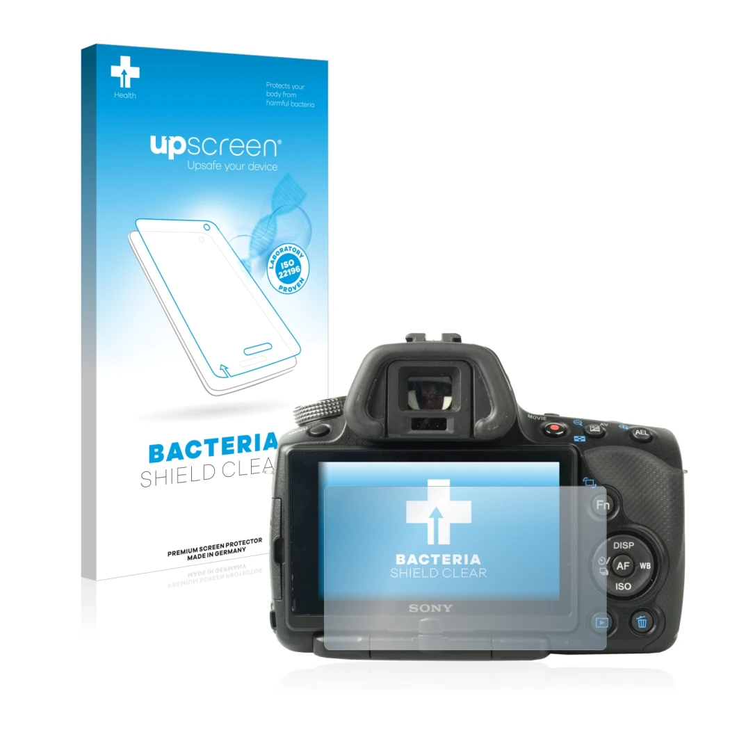 Parte frontal de un envase de producto con el logotipo de la marca upscreen. Al lado se muestra el dispositivo Sony Alpha 55 (