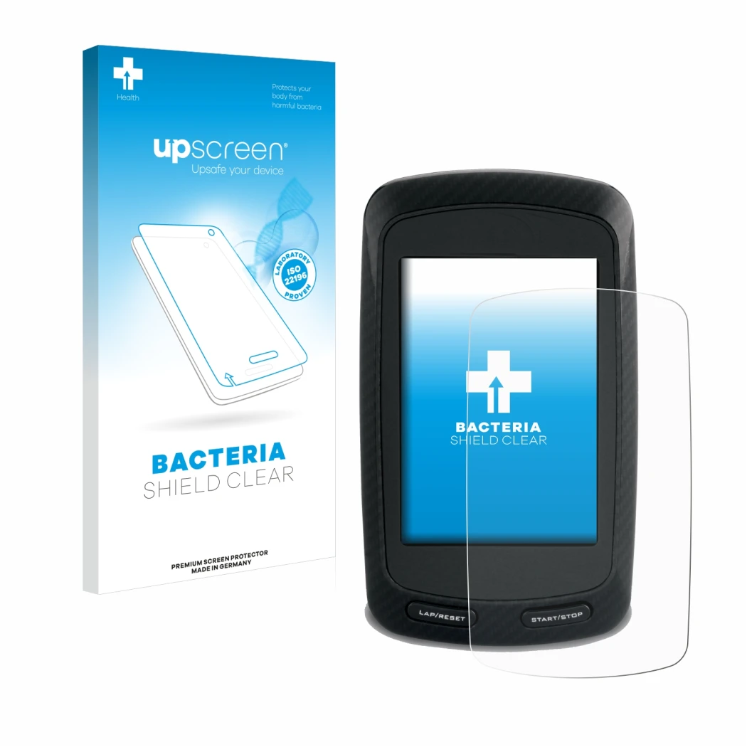 Parte frontal de un envase de producto con el logotipo de la marca upscreen. Al lado se muestra el dispositivo Garmin Edge 800