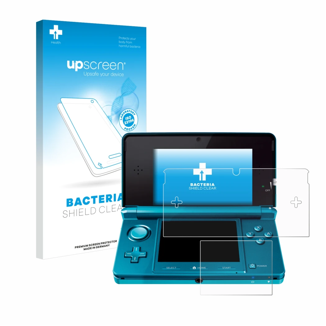 Parte frontal de un envase de producto con el logotipo de la marca upscreen. Al lado se muestra el dispositivo Nintendo 3DS co