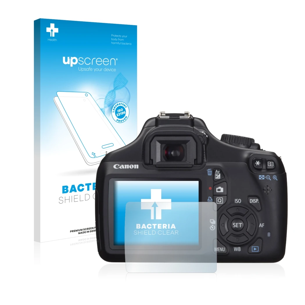 Parte frontal de un envase de producto con el logotipo de la marca upscreen. Al lado se muestra el dispositivo Canon EOS 1100D