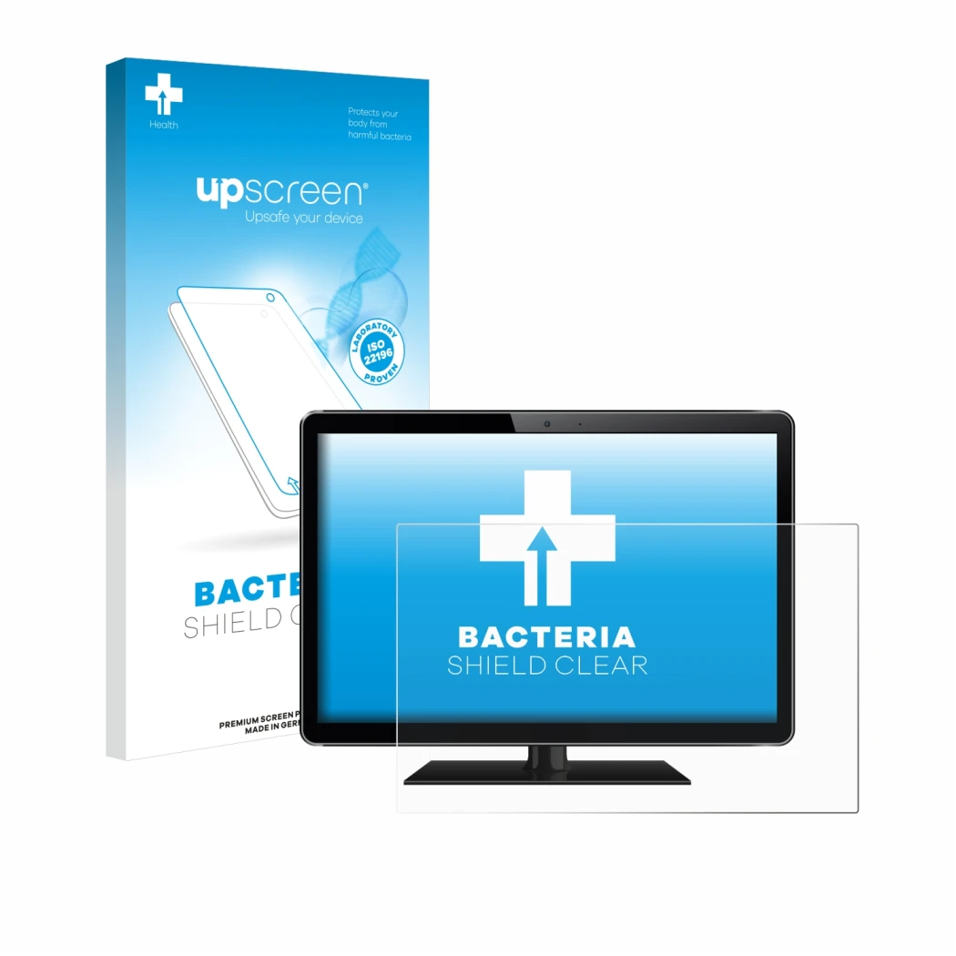 Parte frontal de un envase de producto con el logotipo de la marca upscreen. Al lado se muestra el dispositivo con su protecto