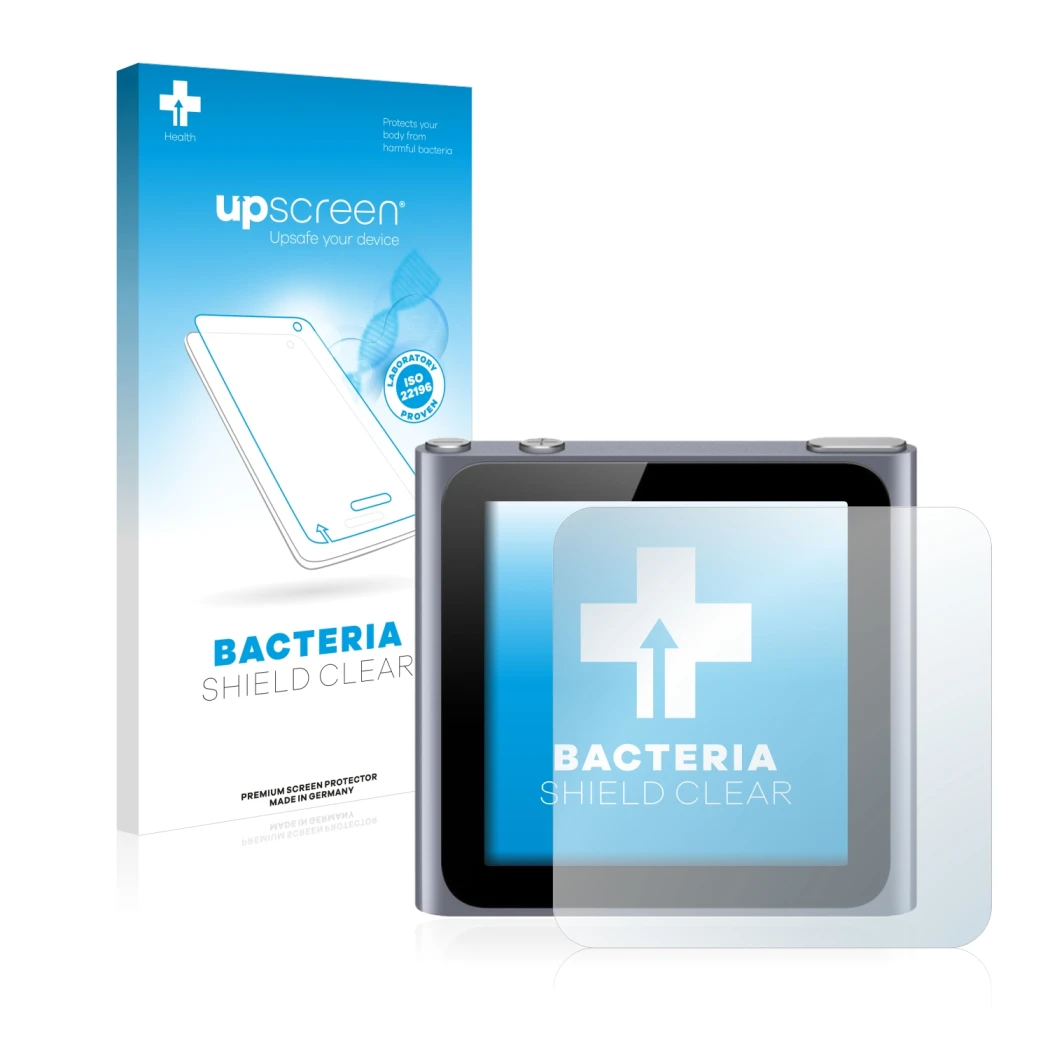 Parte frontal de un envase de producto con el logotipo de la marca upscreen. Al lado se muestra el dispositivo Apple iPod nano