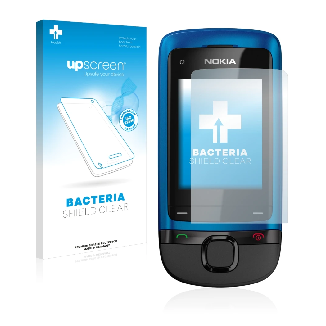 Parte frontal de un envase de producto con el logotipo de la marca upscreen. Al lado se muestra el dispositivo Nokia C2-05 con