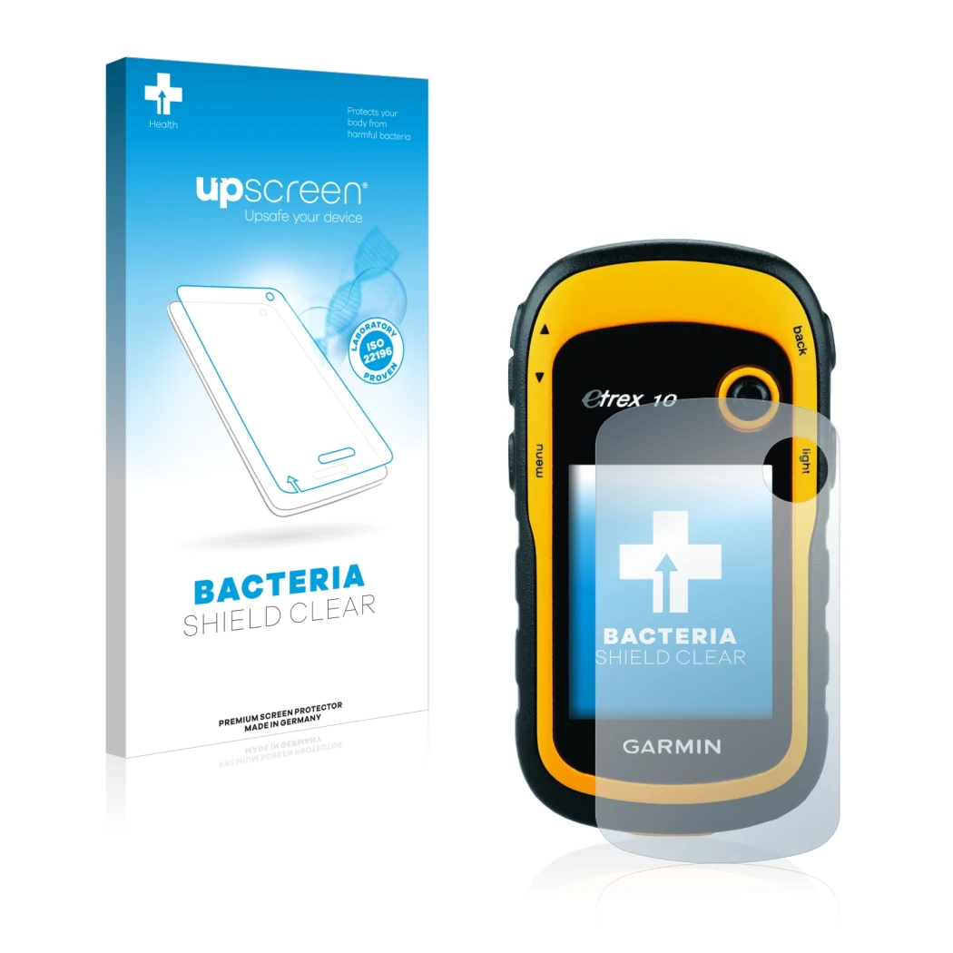 Parte frontal de un envase de producto con el logotipo de la marca upscreen. Al lado se muestra el dispositivo Garmin eTrex 10