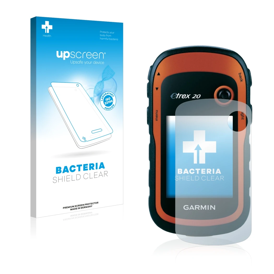 Parte frontal de un envase de producto con el logotipo de la marca upscreen. Al lado se muestra el dispositivo Garmin eTrex 20