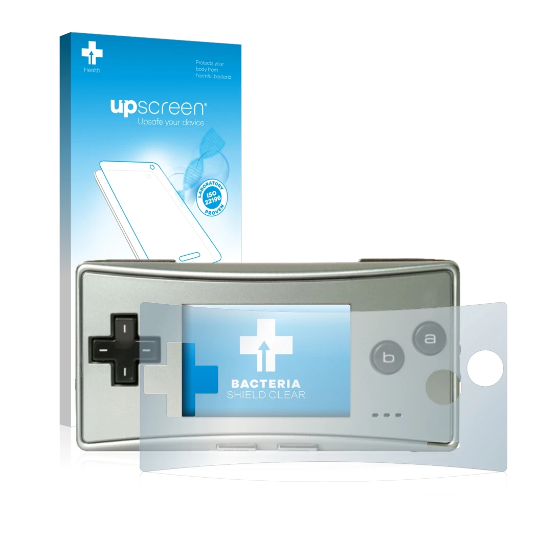 Parte frontal de un envase de producto con el logotipo de la marca upscreen. Al lado se muestra el dispositivo Nintendo Gamebo