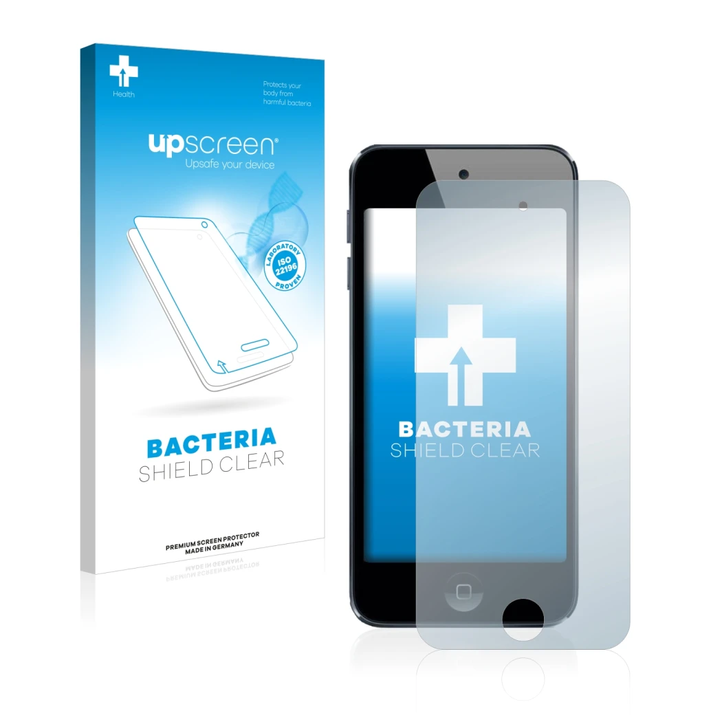 Parte frontal de un envase de producto con el logotipo de la marca upscreen. Al lado se muestra el dispositivo Apple iPod Touc
