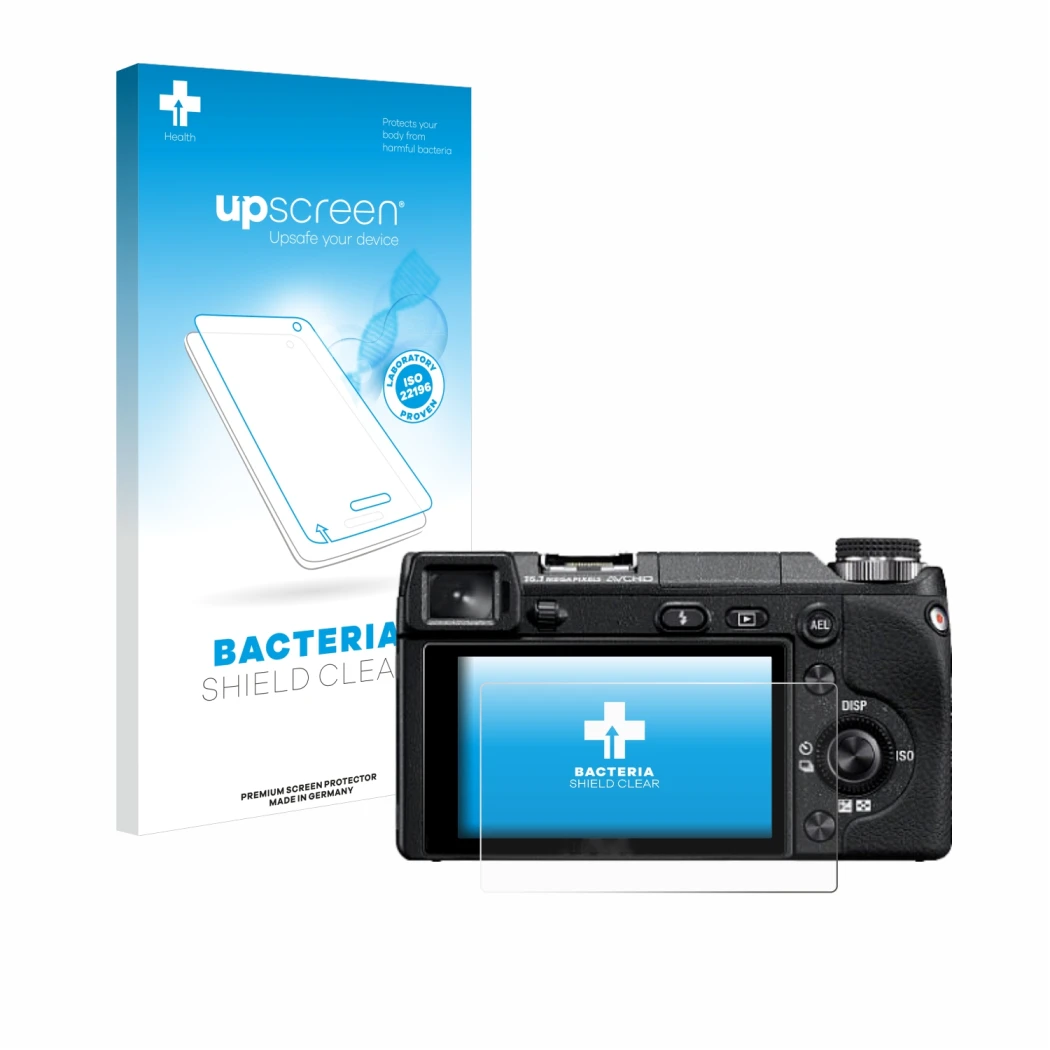 Parte frontal de un envase de producto con el logotipo de la marca upscreen. Al lado se muestra el dispositivo Sony Alpha NEX-