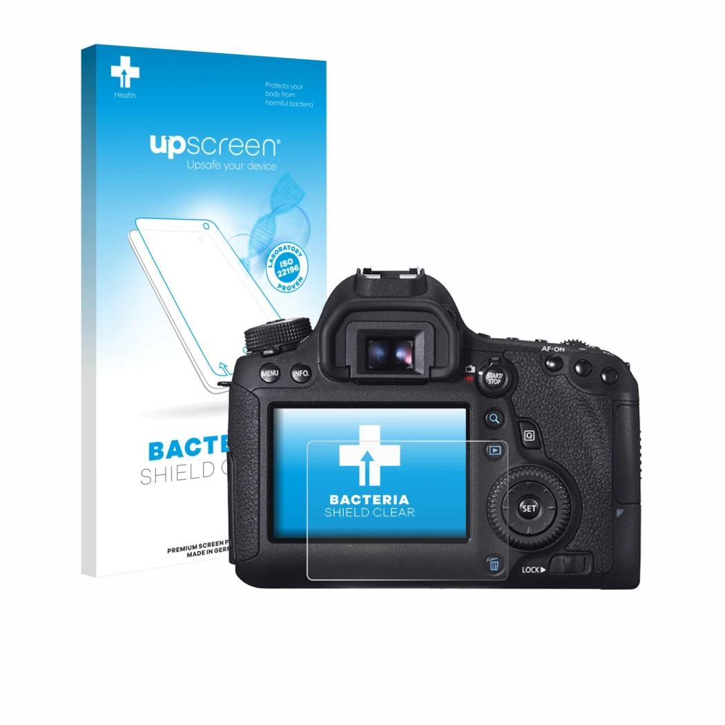 Parte frontal de un envase de producto con el logotipo de la marca upscreen. Al lado se muestra el dispositivo Canon EOS 6D co
