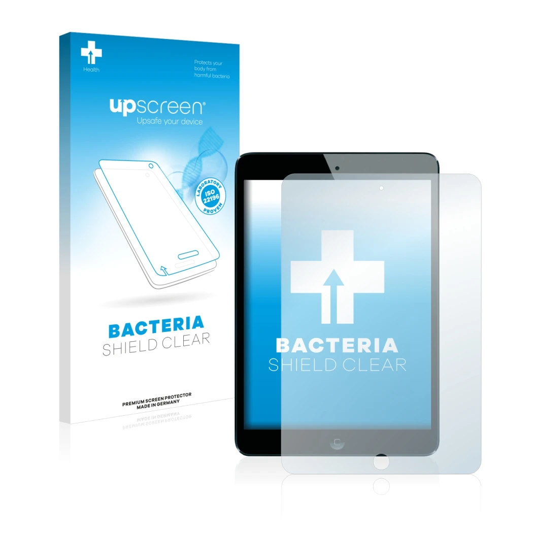 Parte frontal de un envase de producto con el logotipo de la marca upscreen. Al lado se muestra el dispositivo Apple iPad Mini