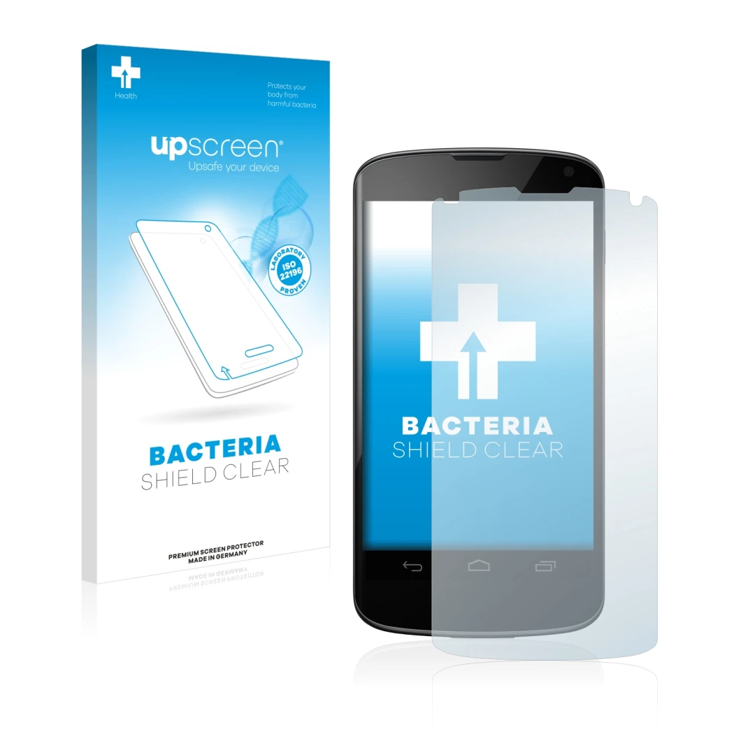 Parte frontal de un envase de producto con el logotipo de la marca upscreen. Al lado se muestra el dispositivo Google Nexus 4