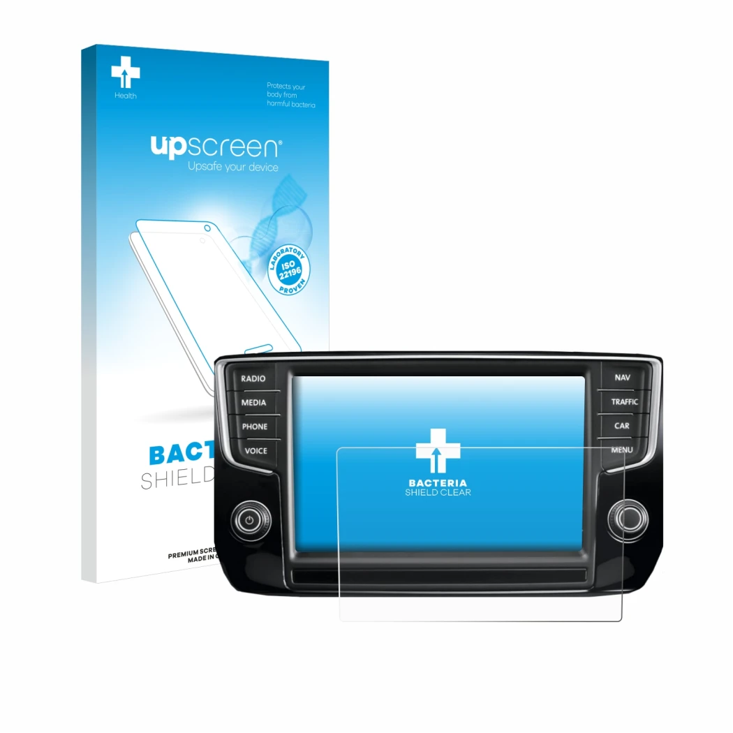 Parte frontal de un envase de producto con el logotipo de la marca upscreen. Al lado se muestra el dispositivo Volkswagen Pass