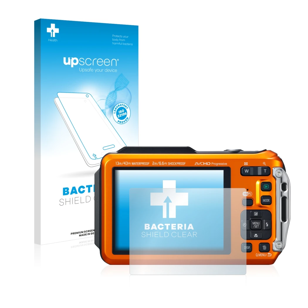 Parte frontal de un envase de producto con el logotipo de la marca upscreen. Al lado se muestra el dispositivo Panasonic Lumix