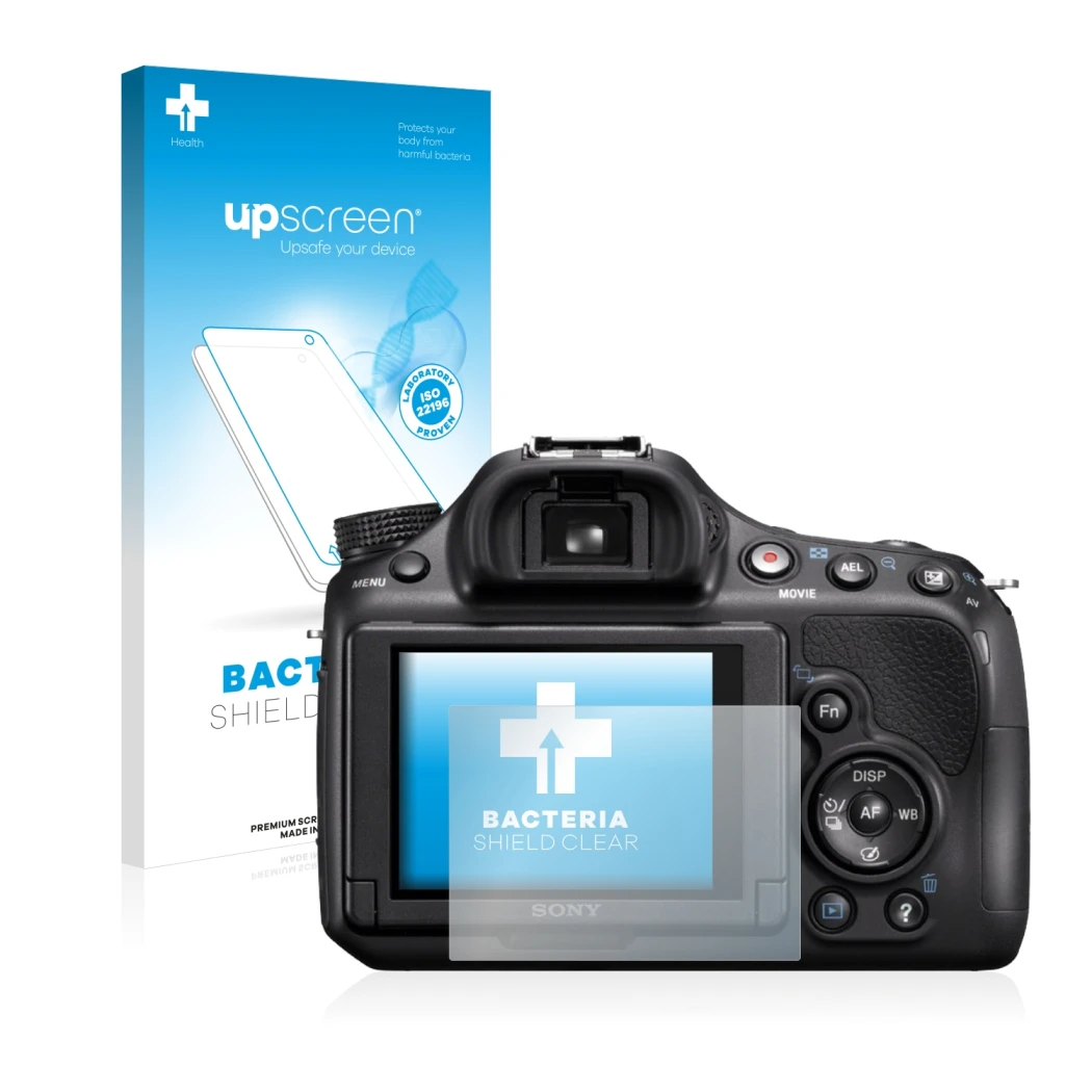Parte frontal de un envase de producto con el logotipo de la marca upscreen. Al lado se muestra el dispositivo Sony Alpha 58 (