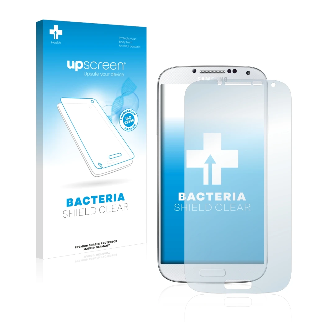 Parte frontal de un envase de producto con el logotipo de la marca upscreen. Al lado se muestra el dispositivo Samsung Galaxy