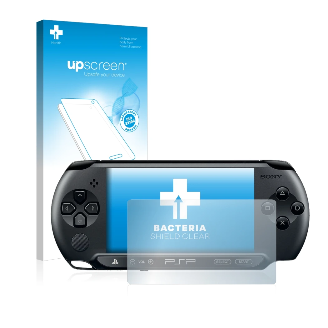 Parte frontal de un envase de producto con el logotipo de la marca upscreen. Al lado se muestra el dispositivo Sony PSP 1004 c