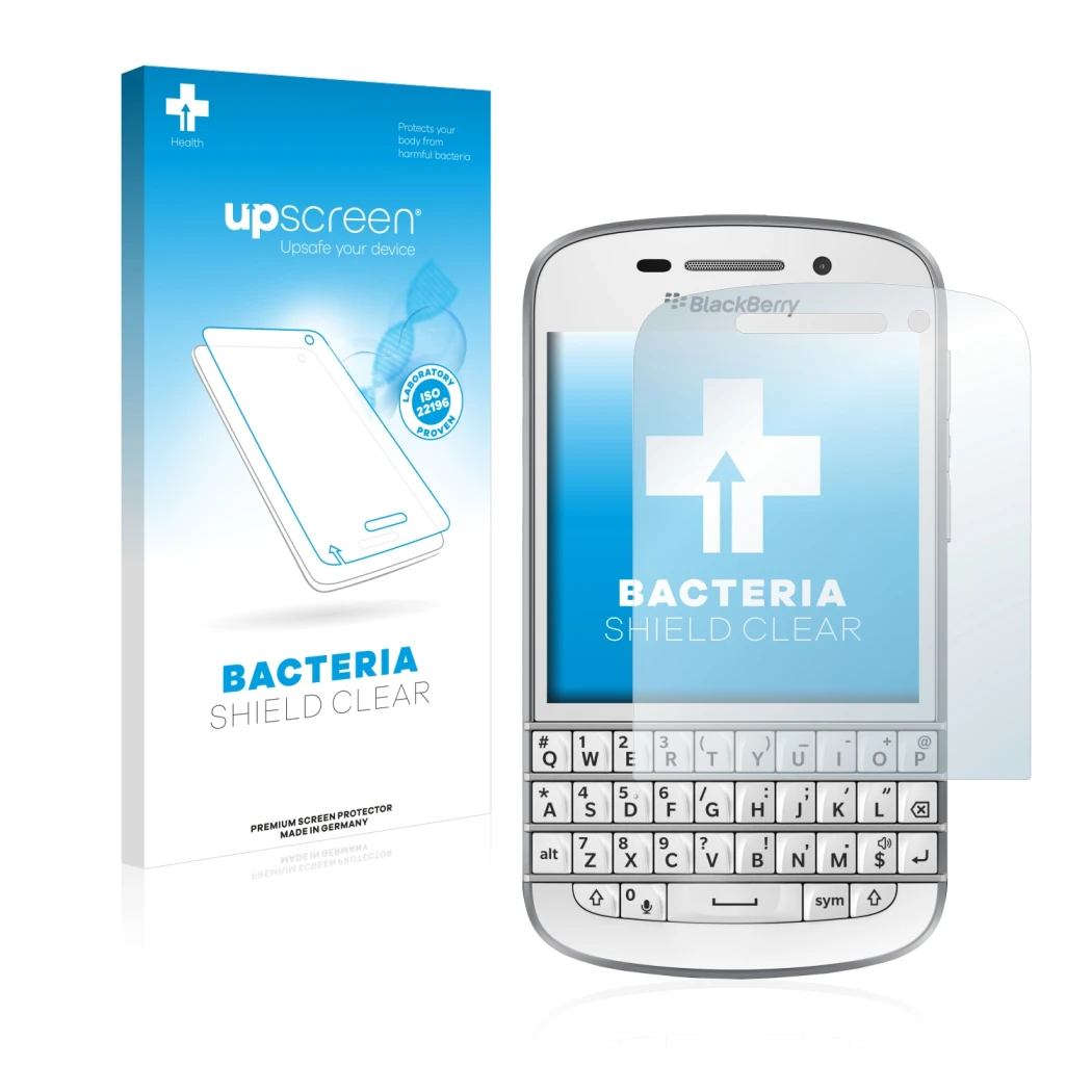 Parte frontal de un envase de producto con el logotipo de la marca upscreen. Al lado se muestra el dispositivo BlackBerry Q10
