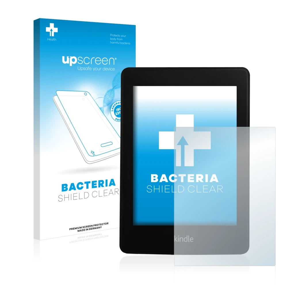 Parte frontal de un envase de producto con el logotipo de la marca upscreen. Al lado se muestra el dispositivo Amazon Kindle P
