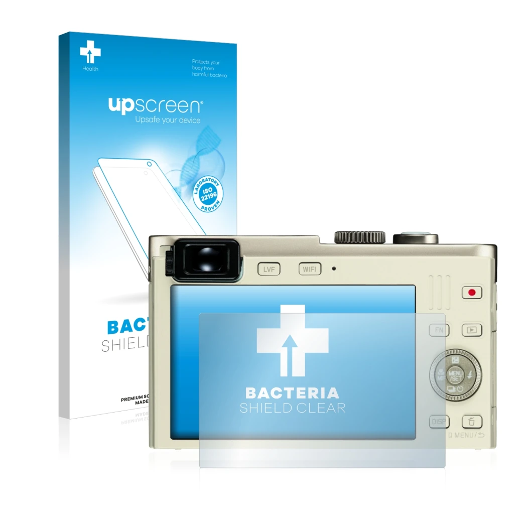Parte frontal de un envase de producto con el logotipo de la marca upscreen. Al lado se muestra el dispositivo Leica C (Typ 11