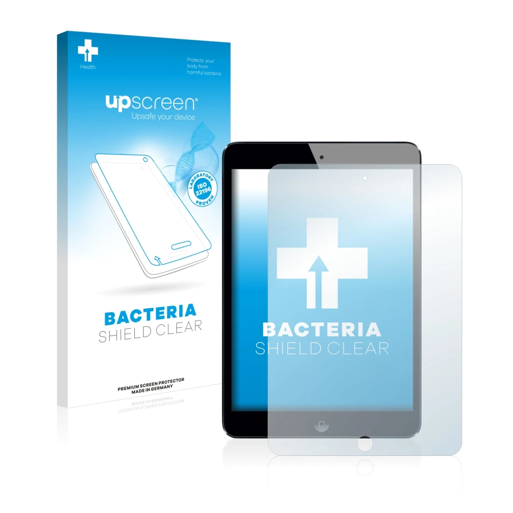 Parte frontal de un envase de producto con el logotipo de la marca upscreen. Al lado se muestra el dispositivo Apple iPad Mini