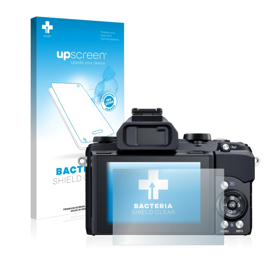 Parte frontal de un envase de producto con el logotipo de la marca upscreen. Al lado se muestra el dispositivo Olympus Stylus