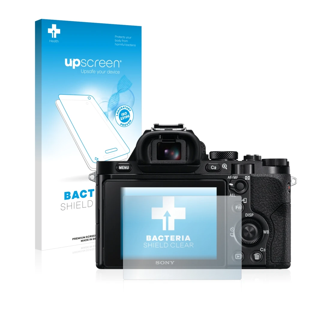 Parte frontal de un envase de producto con el logotipo de la marca upscreen. Al lado se muestra el dispositivo Sony Alpha 7R (