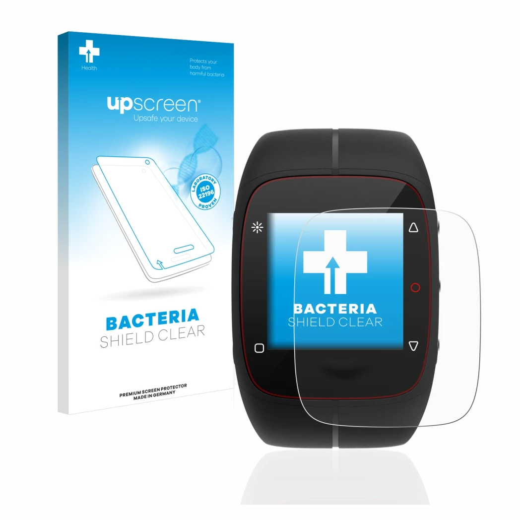 Parte frontal de un envase de producto con el logotipo de la marca upscreen. Al lado se muestra el dispositivo Polar M400 con