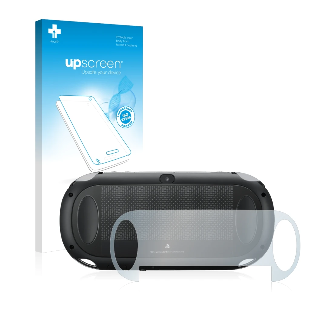 Parte frontal de un envase de producto con el logotipo de la marca upscreen. Al lado se muestra el dispositivo Sony Playstatio