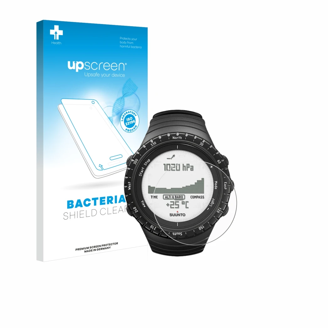Parte frontal de un envase de producto con el logotipo de la marca upscreen. Al lado se muestra el dispositivo Suunto Core Reg