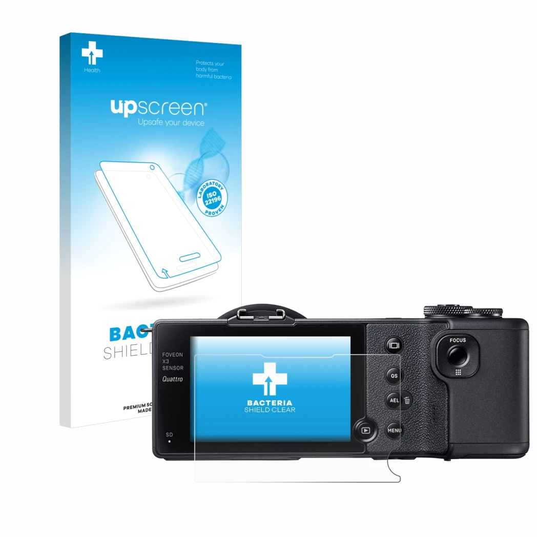 Parte frontal de un envase de producto con el logotipo de la marca upscreen. Al lado se muestra el dispositivo Sigma dp2 Quatt