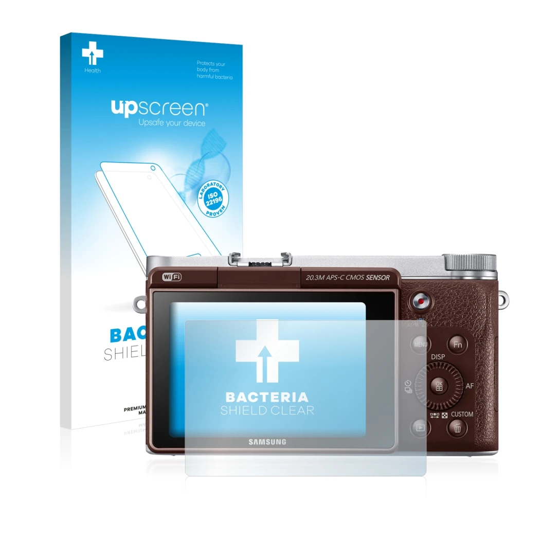 Parte frontal de un envase de producto con el logotipo de la marca upscreen. Al lado se muestra el dispositivo Samsung NX3000