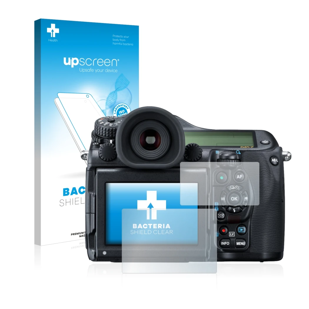 Parte frontal de un envase de producto con el logotipo de la marca upscreen. Al lado se muestra el dispositivo Pentax 645Z con