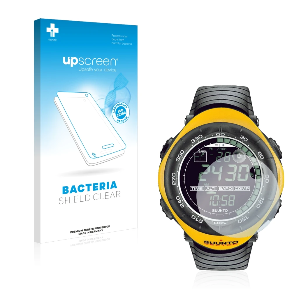 Parte frontal de un envase de producto con el logotipo de la marca upscreen. Al lado se muestra el dispositivo Suunto Vector Y