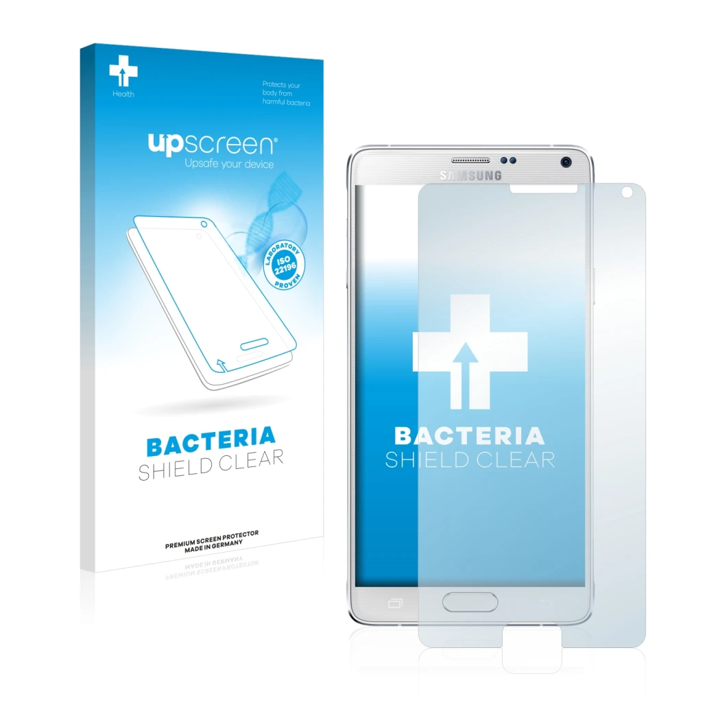 Parte frontal de un envase de producto con el logotipo de la marca upscreen. Al lado se muestra el dispositivo Samsung Galaxy 