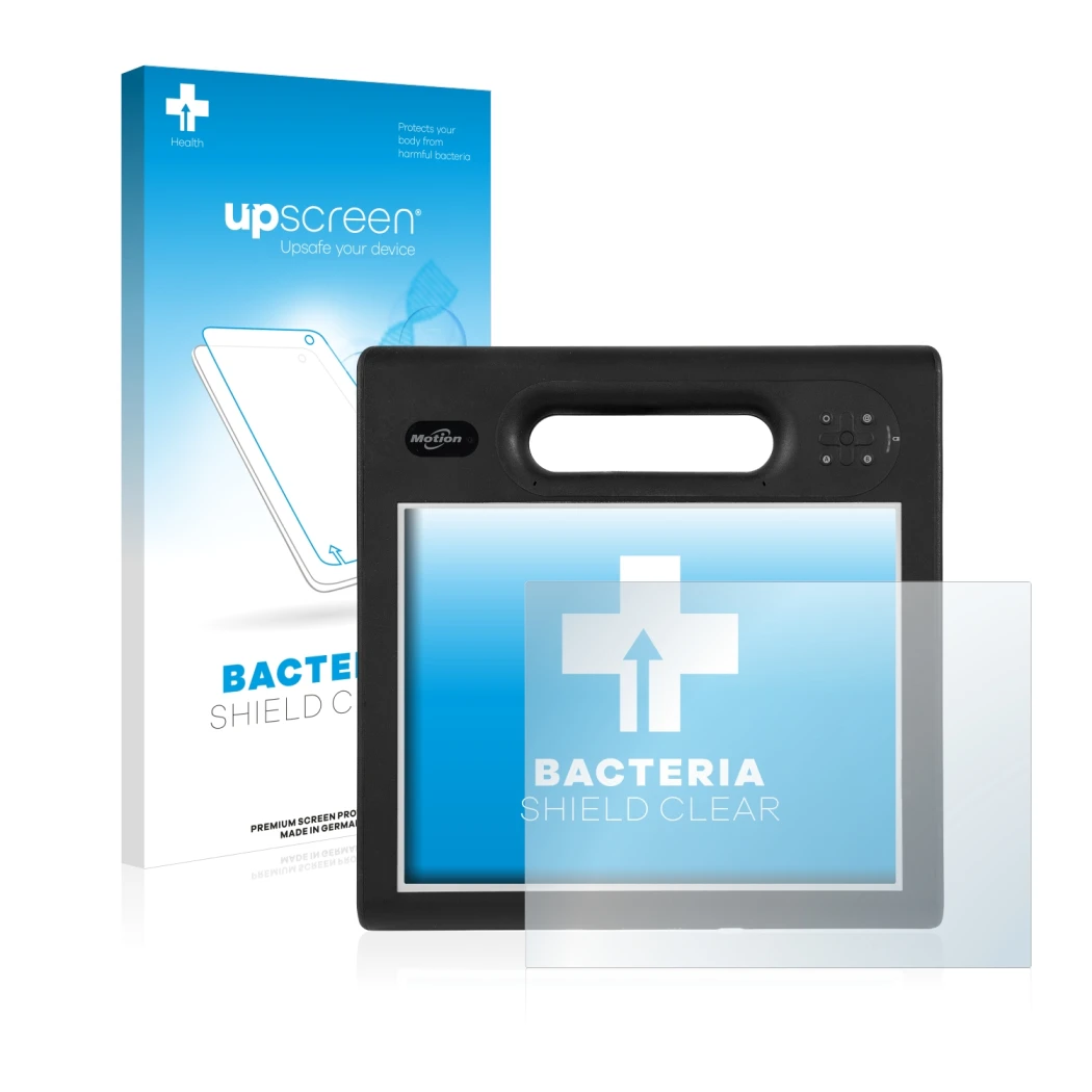 Parte frontal de un envase de producto con el logotipo de la marca upscreen. Al lado se muestra el dispositivo Motion Computin