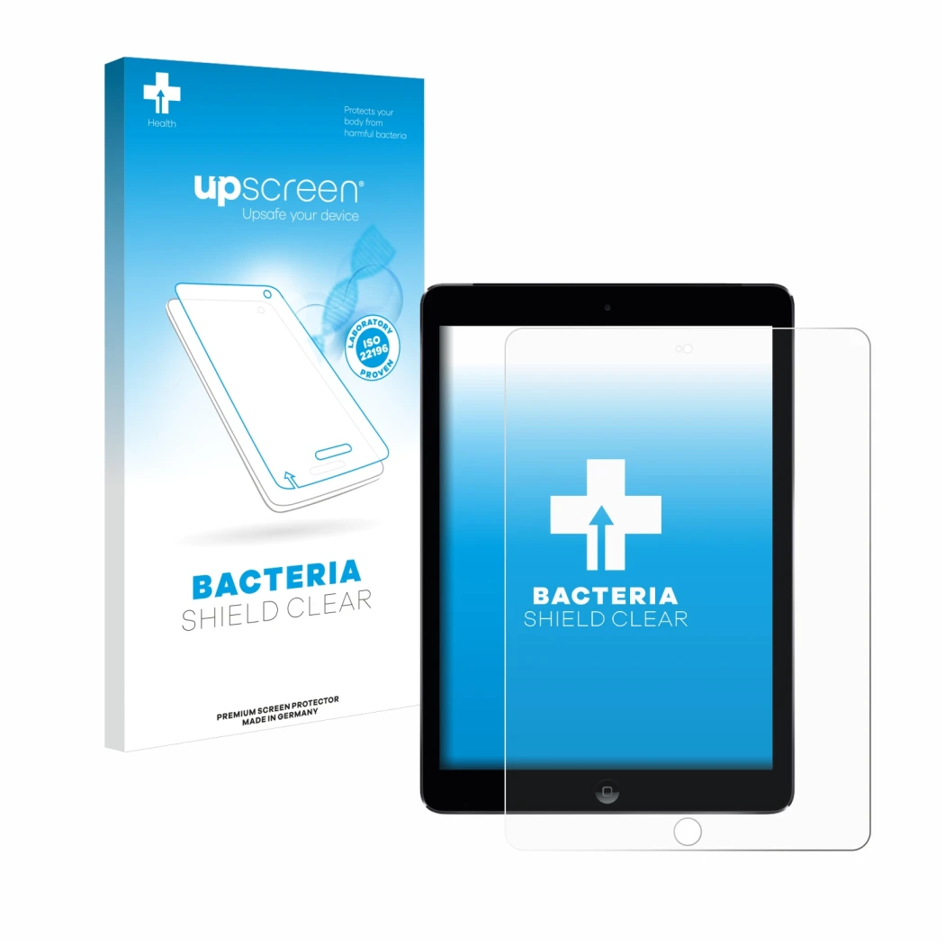 Parte frontal de un envase de producto con el logotipo de la marca upscreen. Al lado se muestra el dispositivo Apple iPad Air