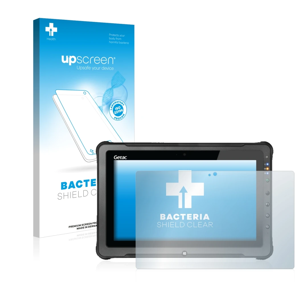 Parte frontal de un envase de producto con el logotipo de la marca upscreen. Al lado se muestra el dispositivo Getac F110 G5 c