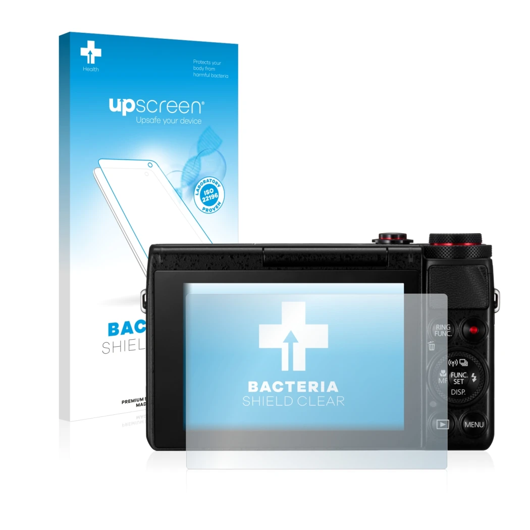 Parte frontal de un envase de producto con el logotipo de la marca upscreen. Al lado se muestra el dispositivo Canon PowerShot