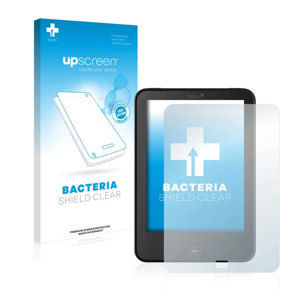Parte frontal de un envase de producto con el logotipo de la marca upscreen. Al lado se muestra el dispositivo Tolino Vision 2