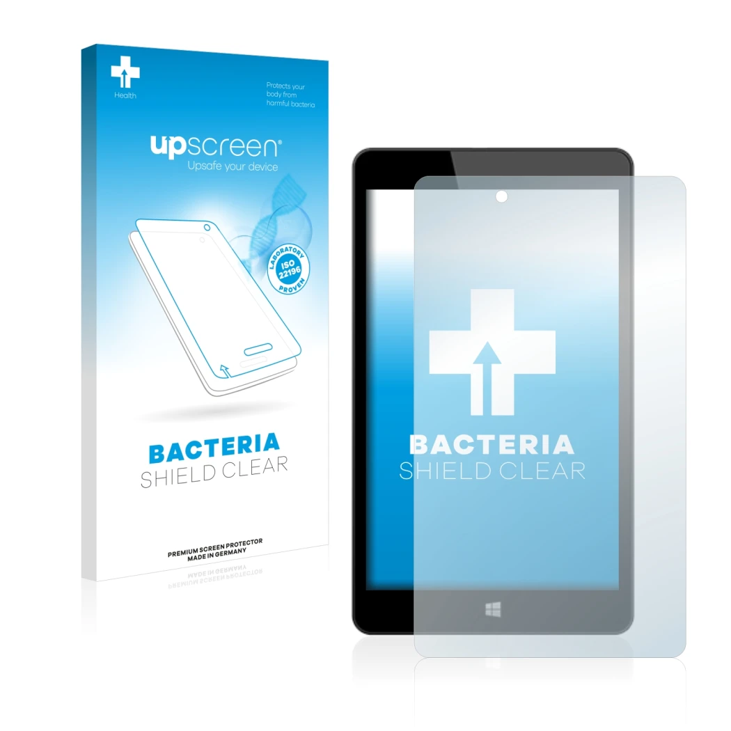 Parte frontal de un envase de producto con el logotipo de la marca upscreen. Al lado se muestra el dispositivo Linx 8 con su p