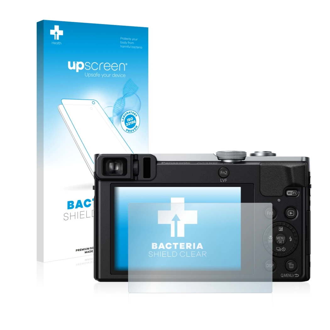 Parte frontal de un envase de producto con el logotipo de la marca upscreen. Al lado se muestra el dispositivo Panasonic Lumix