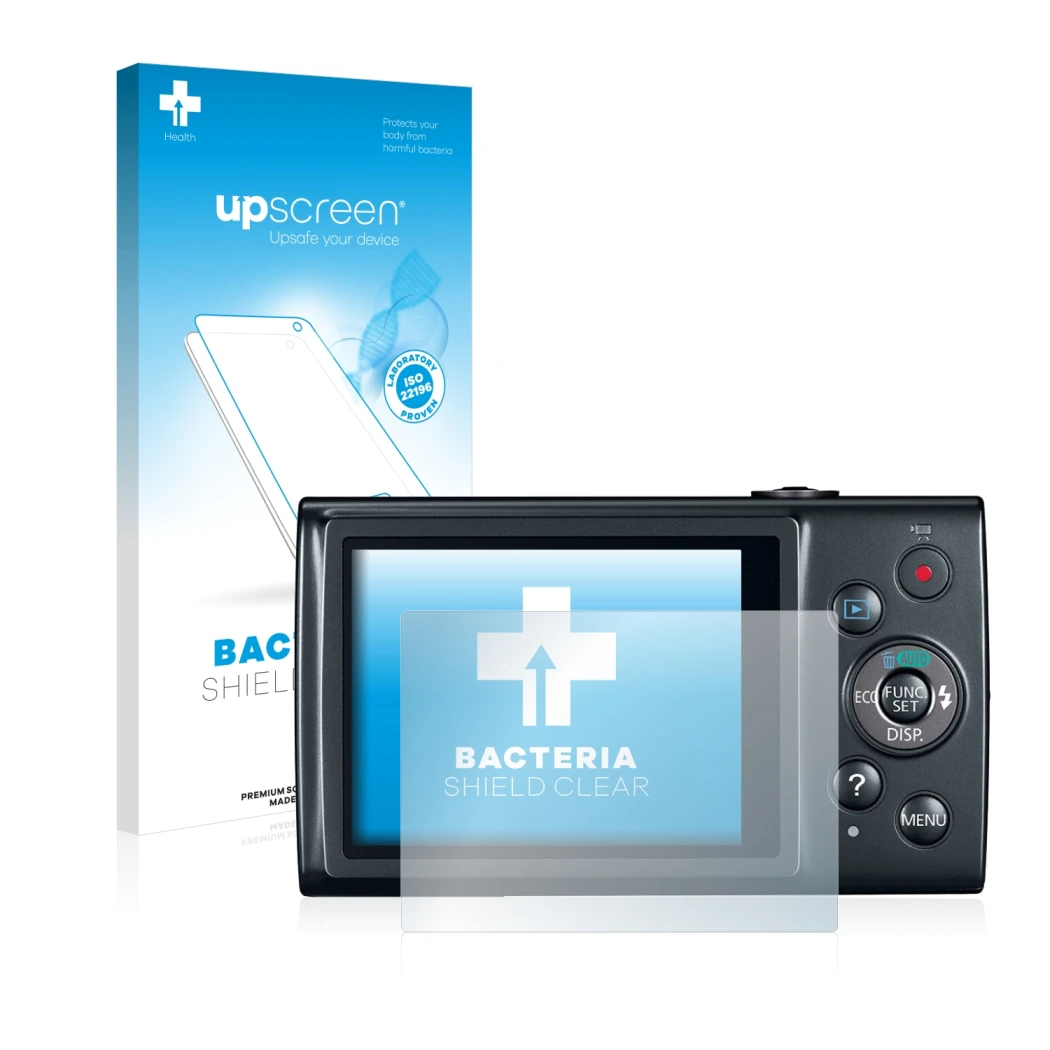 Parte frontal de un envase de producto con el logotipo de la marca upscreen. Al lado se muestra el dispositivo Canon IXUS 170