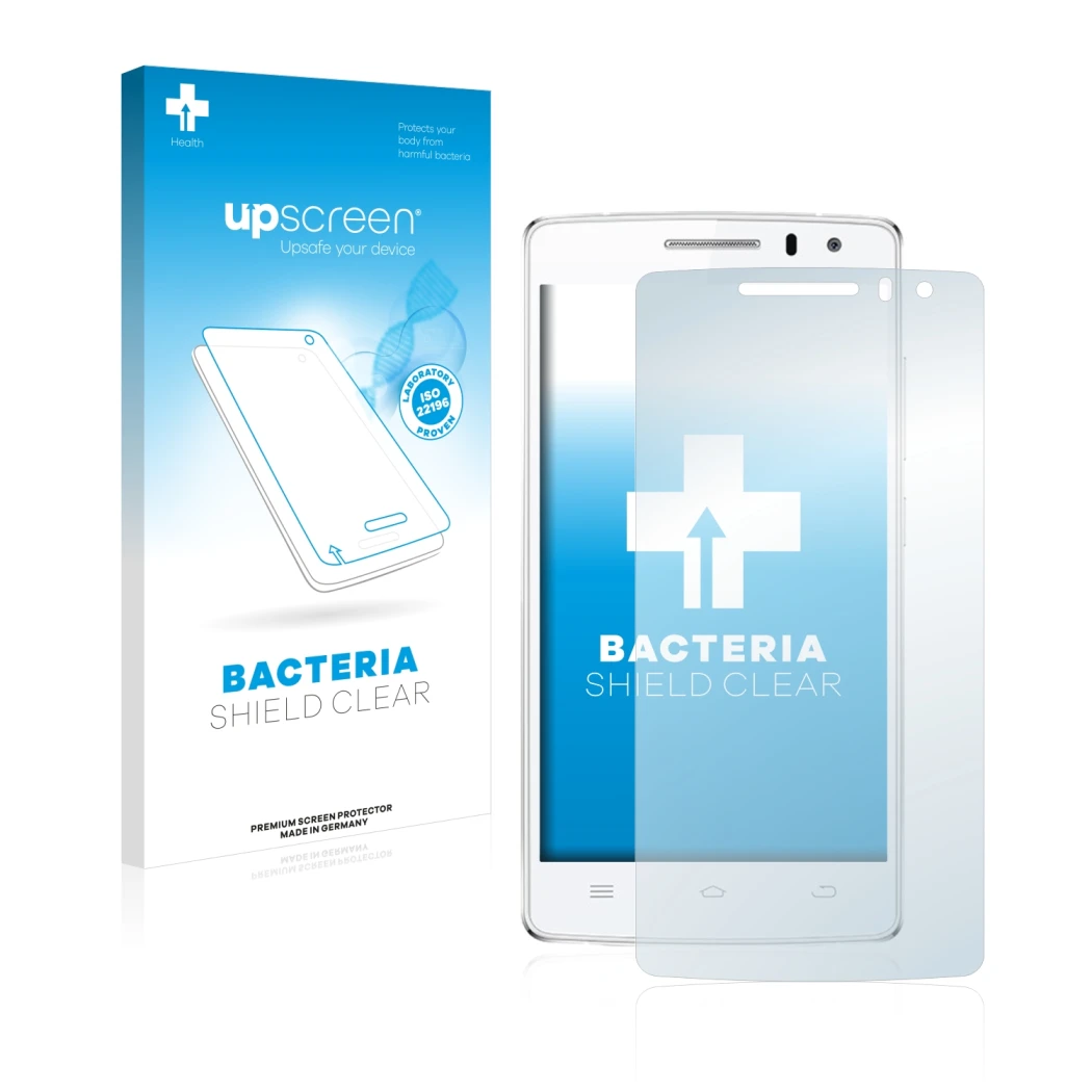 Parte frontal de un envase de producto con el logotipo de la marca upscreen. Al lado se muestra el dispositivo THL 2015 con su