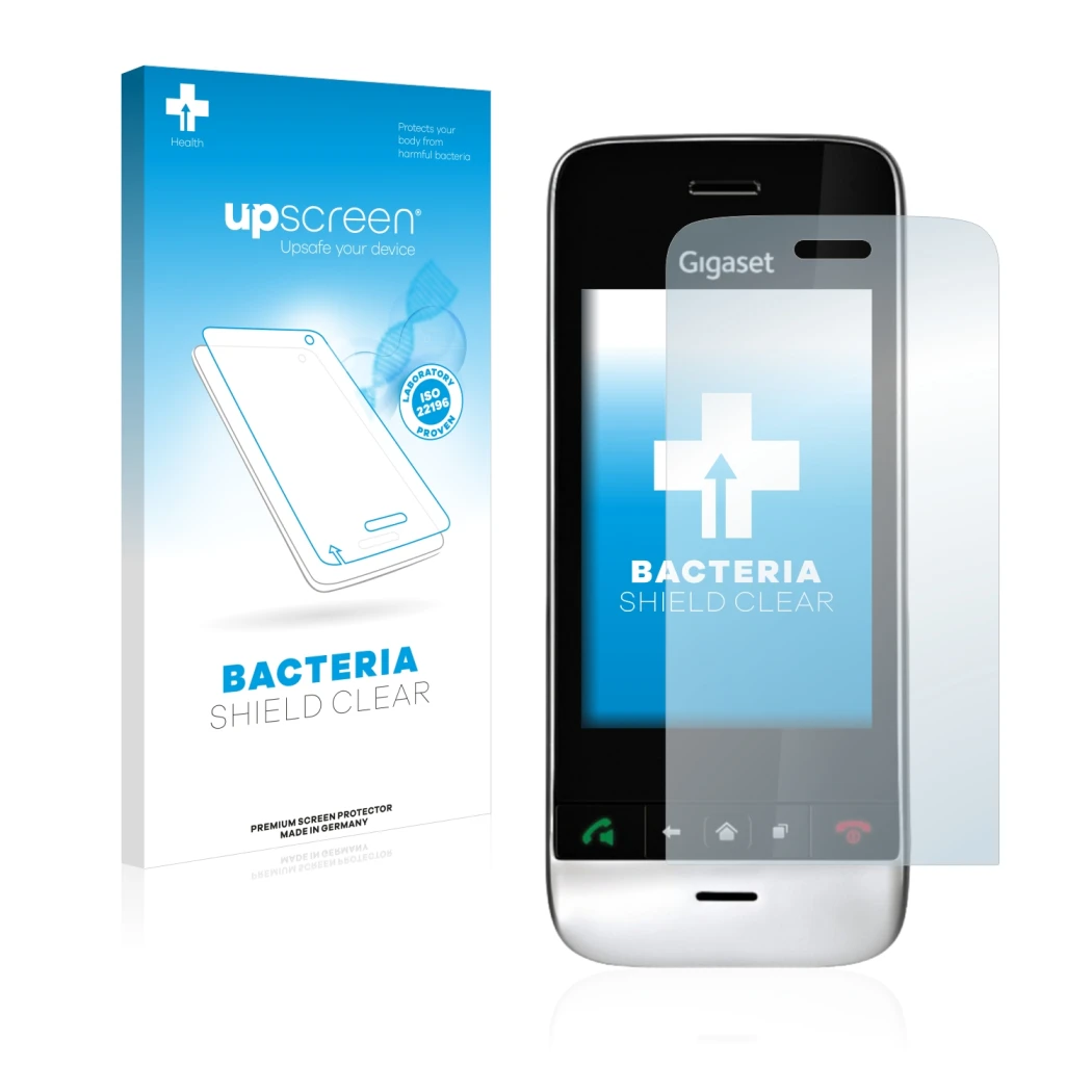 Parte frontal de un envase de producto con el logotipo de la marca upscreen. Al lado se muestra el dispositivo Gigaset SL910 (